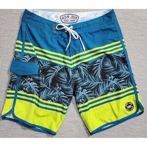 Ron Jon Surf Shop Mens Teal Lime Green Palm Leaf Board Shorts Size 32